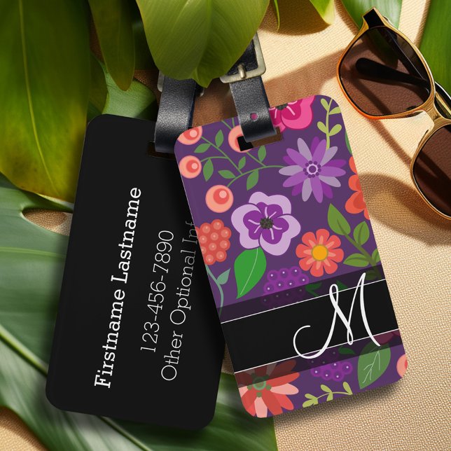 Trendig Blommönster Lila och svart monogram Bagagebricka (Personalized luggage tag with retro flower pattern and monogram - add contact information on back)
