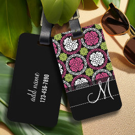 Trendig Blommönster Shock rosa och Black Monogram Bagagebricka