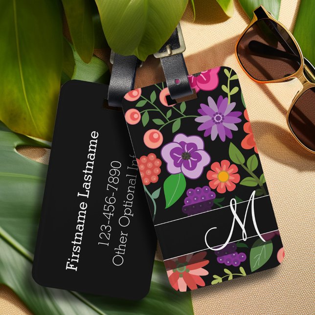 Trendig Blommönster Shock rosa och Black Monogram Bagagebricka (Personalized luggage tag with retro flower pattern and monogram - add contact information on back)