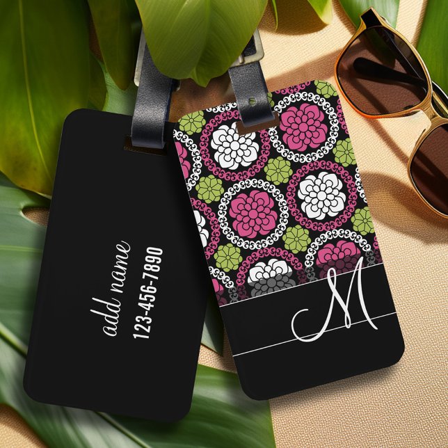 Trendig Blommönster Shock rosa och Black Monogram Bagagebricka (Personalized Luggage Tag)