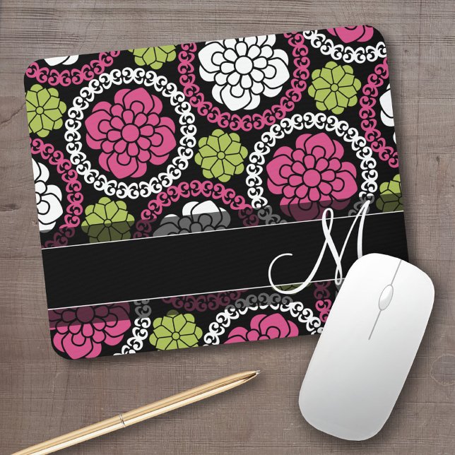 Trendig Blommönster Shock rosa och Black Monogram Musmatta (Personalized mousepad - add your photos and custom text)