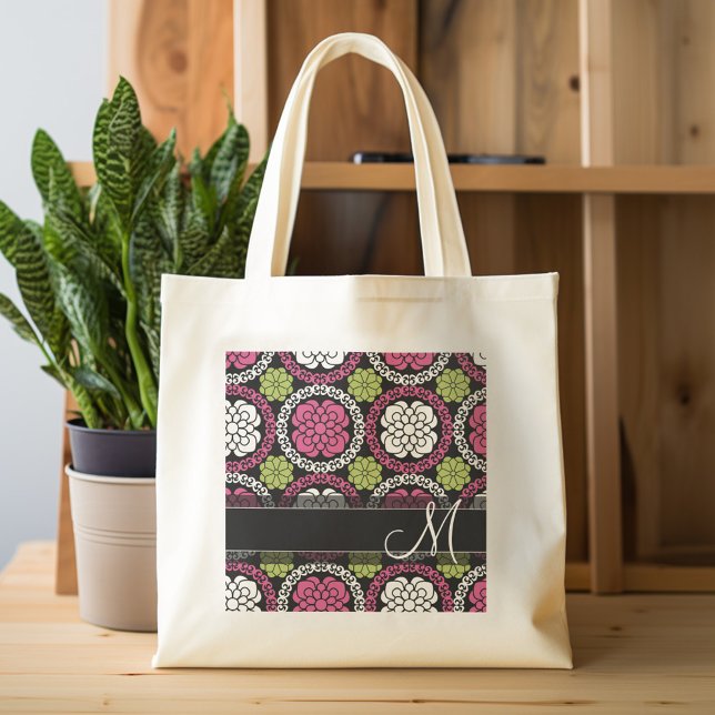 Trendig Blommönster Shock rosa och Black Monogram Tygkasse (Personalized tote bag with custom text)