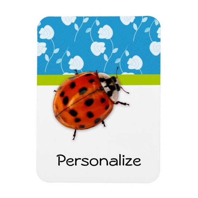 Trendig Blue Blommigt Ladybug med Namn Magnet (Vertikal)