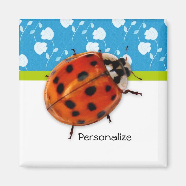 Trendig Blue Blommigt Ladybug med Namn Magnet (Framsidan)