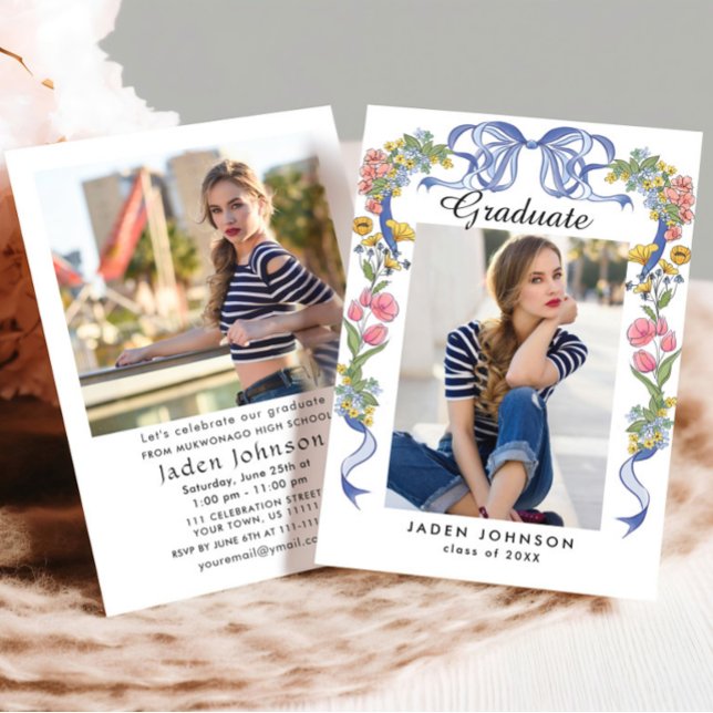 Trendig Blue Bow Coquette 2 PHOTO-Studentfest Inbjudningar (Skapare uppladdad)