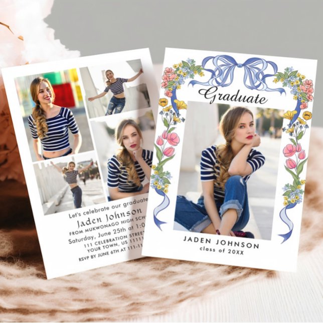 Trendig Blue Bow Coquette 5 PHOTO-Studentfest Inbjudningar (Skapare uppladdad)