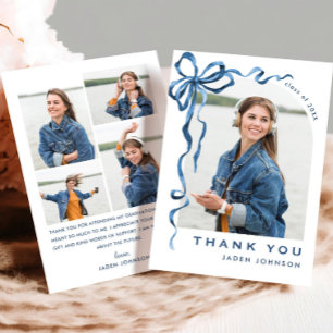 Trendig Blue Bow Ribbon 5 PHOTO Studenten Tack Kort