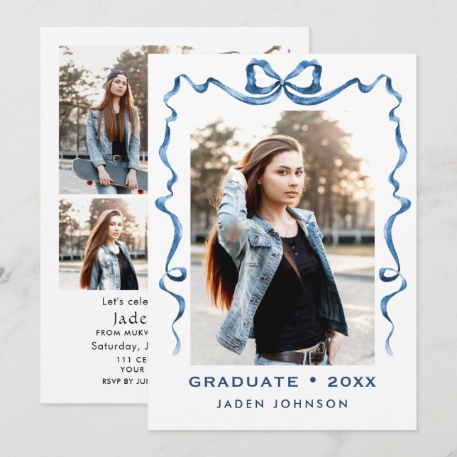 Trendig Blue Bow Ribbon 5 PHOTO-Studentfest Inbjudningar (Fram/baksida)