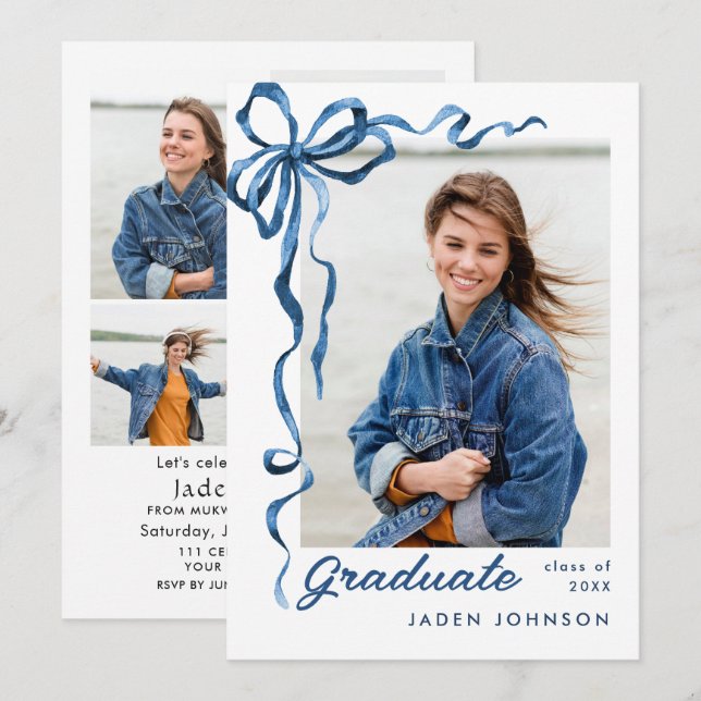 Trendig Blue Bow Ribbon 5 PHOTO-Studentfest Inbjudningar (Fram/baksida)