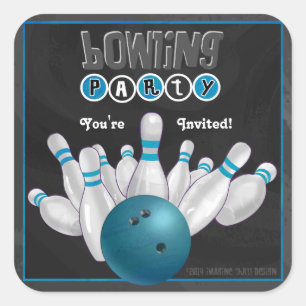 Trendig Blue Bowling Party Inbjudan-märke Fyrkantigt Klistermärke