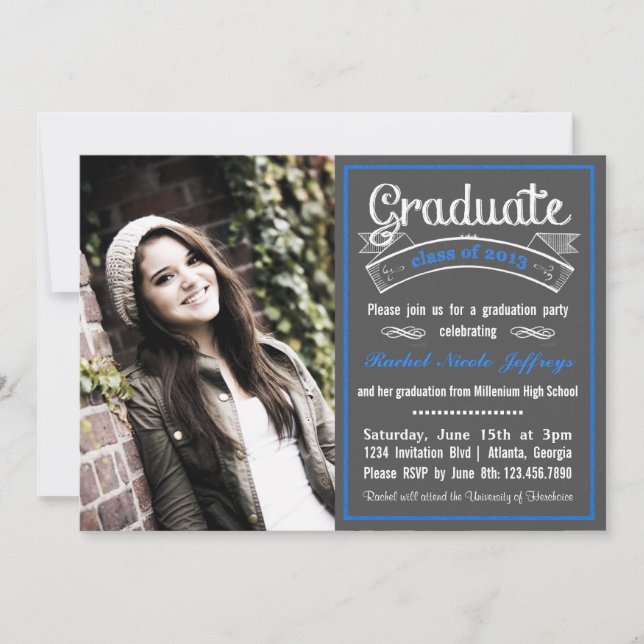 Trendig Blue Chalkboard Typography Studenten Inbjudningar (Framsida)