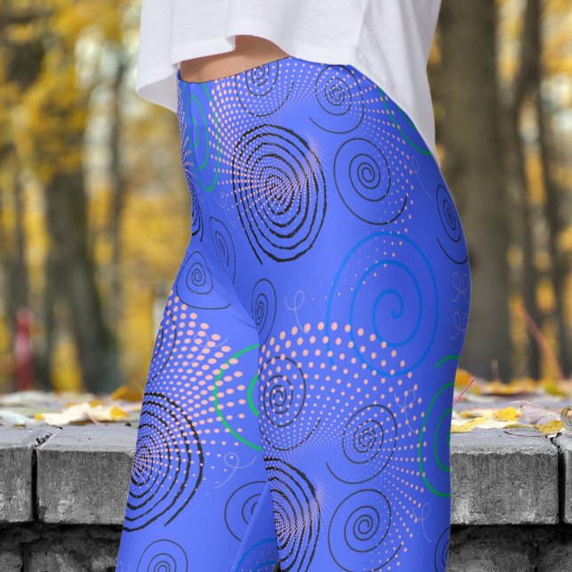 Trendig Blue Hypnotic Swirls Mönster Leggings (Hypnotic Swirls on Neon Blue)