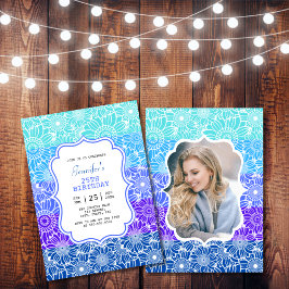 Trendig Blue Mint Rand Blommigt Fotofödelsedag Inbjudningar