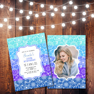 Trendig Blue Mint Rand Blommigt Fotofödelsedag Inbjudningar
