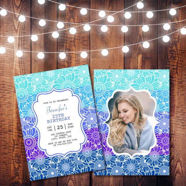 Trendig Blue Mint Rand Blommigt Fotofödelsedag Inbjudningar (Skapare uppladdad)