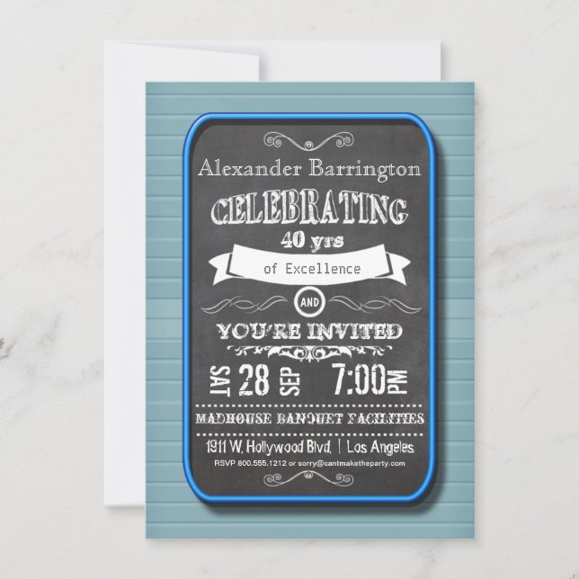 Trendig Blue Neon Chalkboard Födelsedagsfest Inbju Inbjudningar (Framsida)