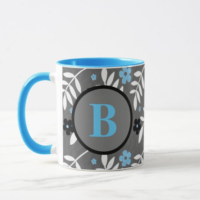 Trendig Blue och Grått Blommigt Monogram Mugg (Vänster)