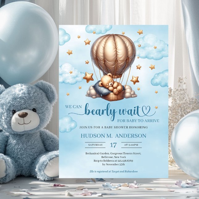 Trendig Blue och guld Bearly wait Boy Shower Inbjudningar ( we can bearly wait blue and gold boy baby shower invitation)