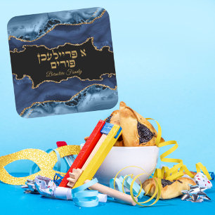Trendig Blue och Guld Hebrew A Freilichen Purim Fyrkantigt Klistermärke