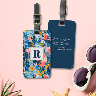 Trendig Blue och Rosa Abstrakt Botaniskt monogram Bagagebricka