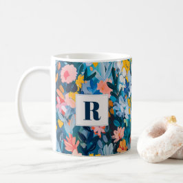 Trendig Blue och Rosa Abstrakt Botaniskt monogram Kaffemugg