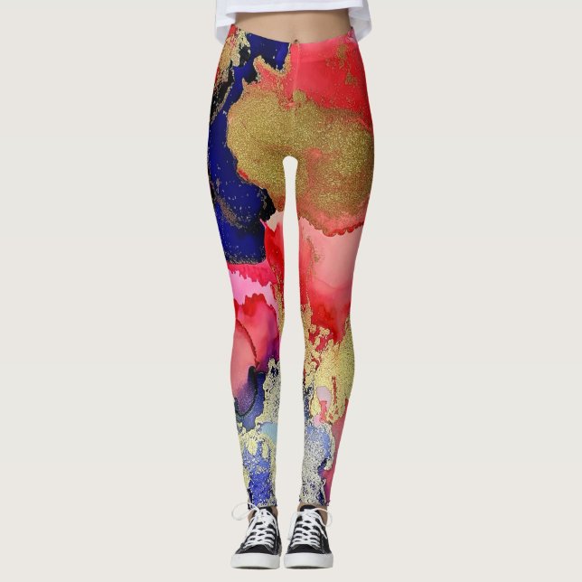 Trendig Blue Red Guld Liquid Art Leggings (Framsida)
