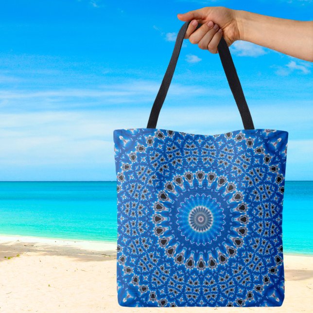 Trendig Blue Sapphire Island Boho Tygkasse (Trendy Blue Black Island Boho Print Canvas Eco-Friendly  Shopping Beach Tote Bag)