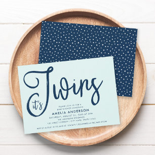 Trendig Blue Script Mint Det är Twillingar Baby Sh Inbjudningar