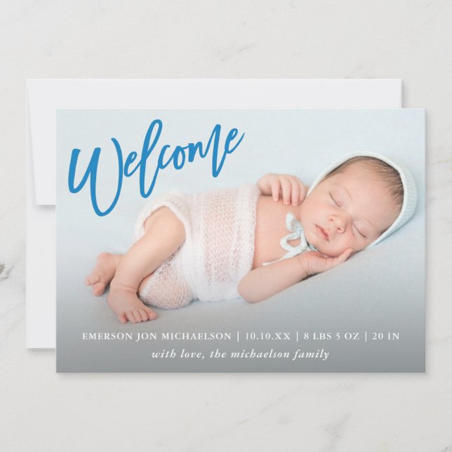 Trendig Blue Welcome Script med Photo Baby Birth Meddelande (Framsida)