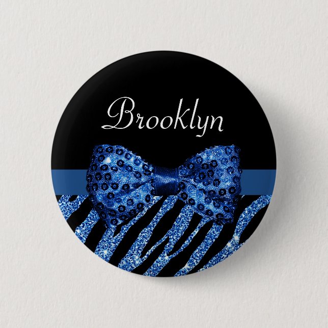 Trendig Blue Zebra tryck FAUX Glitz Bow med Namn Knapp (Framsida)