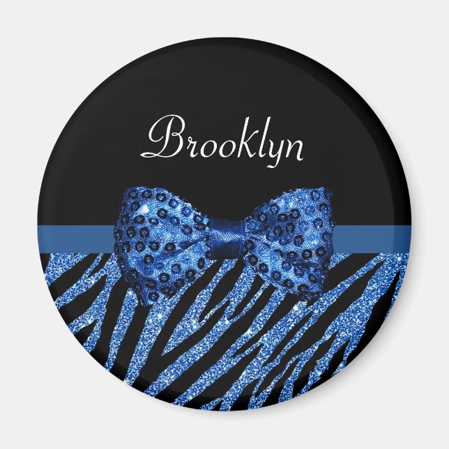 Trendig Blue Zebra tryck FAUX Glitz Bow med Namn Magnet (Framsidan)