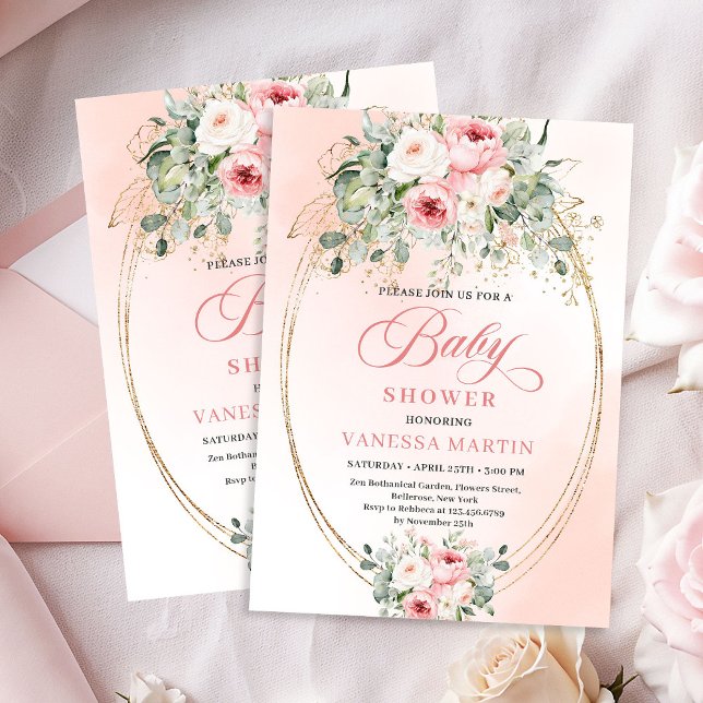 Trendig Blush Blommig Grönska Bebis Shower Inbjuda Inbjudningar (Trendy Blush Floral Greenery Baby Shower Invite Girl)