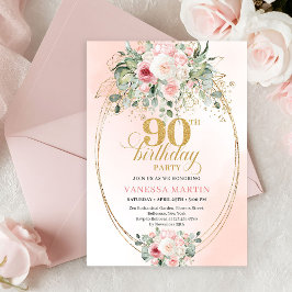 Trendig Blush Blommig Guld Boho 90-års Födelsedags Inbjudningar