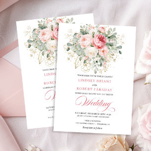 Trendig Blush Rosa Guld Blommig Bröllopsinbjudan Inbjudningar