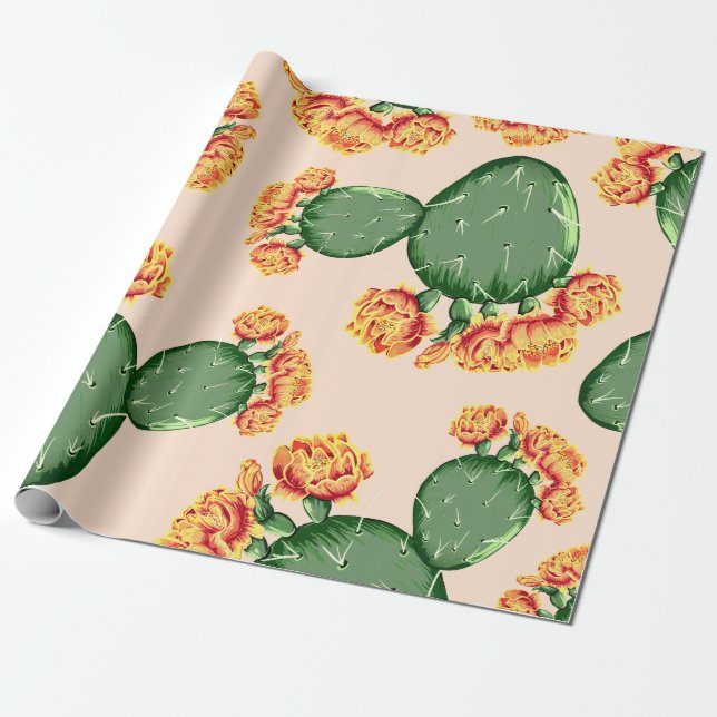 Trendig Bohemian Prickly Pear Cactus & Flowers Presentpapper (Utrullad)