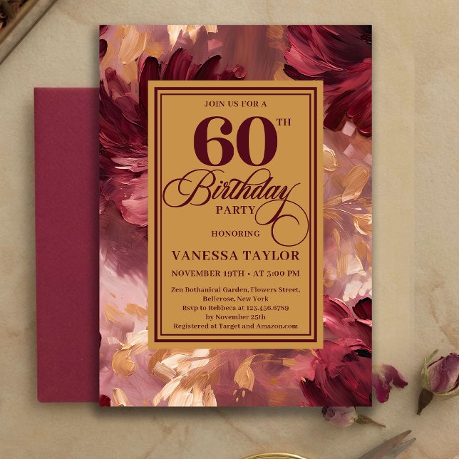 Trendig Boho 60 Födelsedag Burgundy Guld Akvarell  Inbjudningar (Trendy 60th Birthday Burgundy Gold Watercolor Flowers)