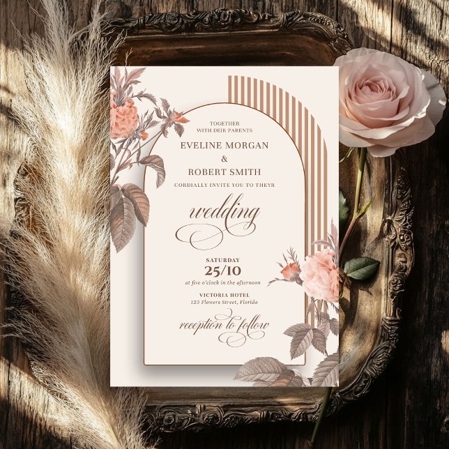 Trendig boho arch  levande ro elfenbensbrun inbjudningar (Trendy boho arch blush living roses ivory brown invitation)