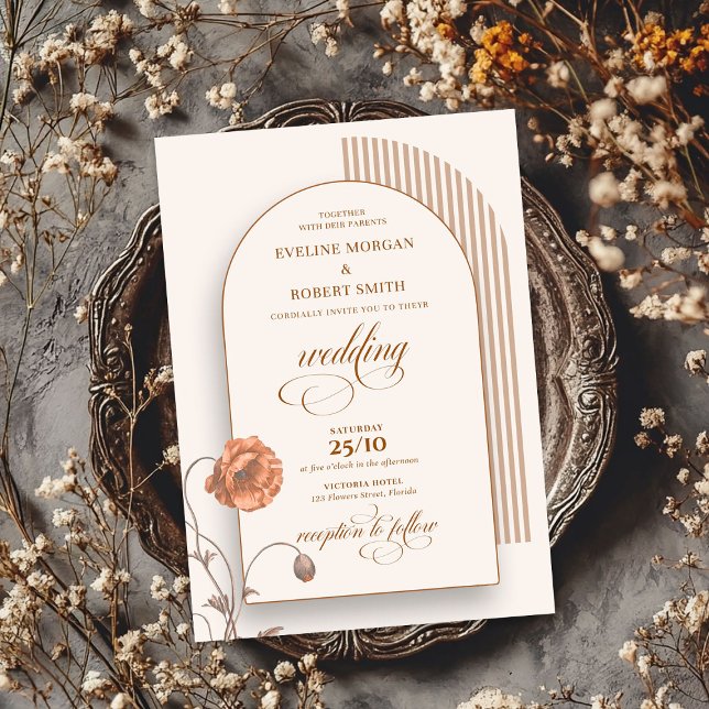 Trendig boho arch terracotta-blommor, elfenbensbru inbjudningar (Trendy boho arch terracotta flowers ivory brown invitation)
