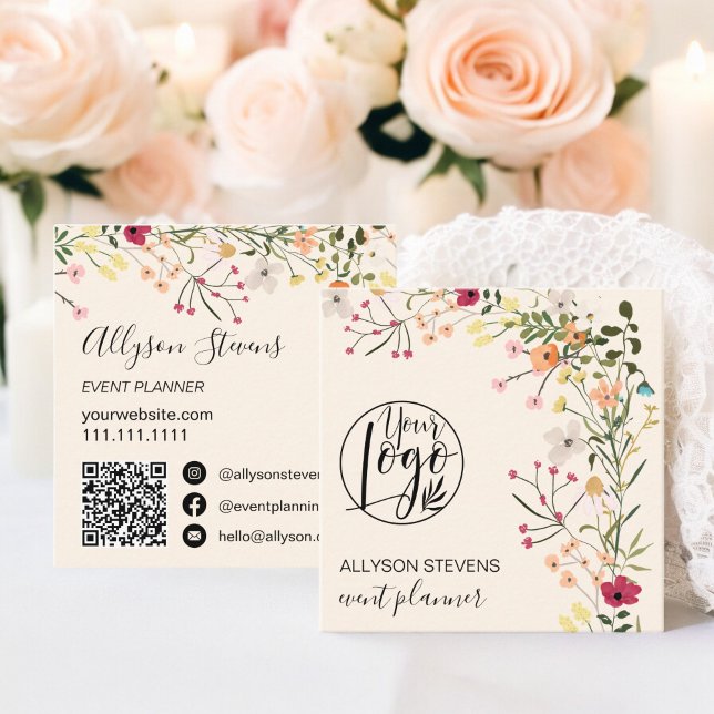 Trendig Boho blommigt event logotyp qr-kod Fyrkantigt Visitkort (Trendy Boho floral event planner logo qr code Square Business Card)