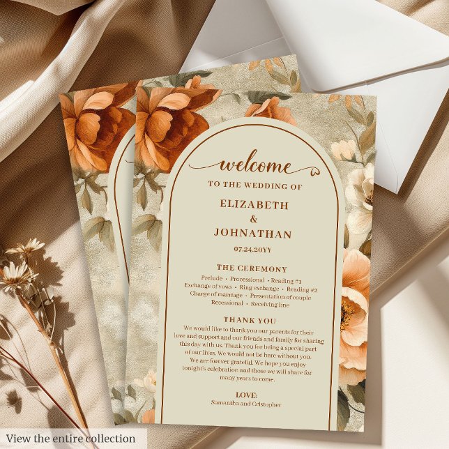 Trendig Boho Bränd Orange Elfenben Sage Blommig Br Program (Trendy Boho Burnt Orange Ivory Sage Floral Wedding Program

)