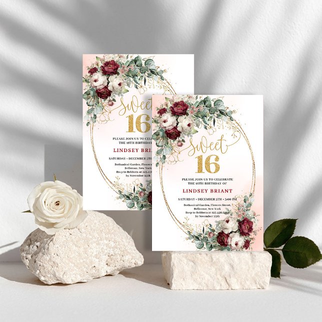 Trendig Boho Djupröd Blommig Guld Sweet 16 Födelse Inbjudningar (Trendy Deep Red Floral Gold Sweet 16 Birthday Invite)