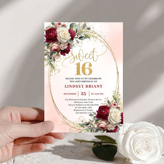 Trendig Boho Djupröd Guld Blommig 16-årsdag  Inbjudningar (Trendy Boho Deep Red Gold Floral 16th Birthday Invite)