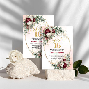 Trendig Boho Djupröd Peony Sweet Sixteen-fest  Inbjudningar