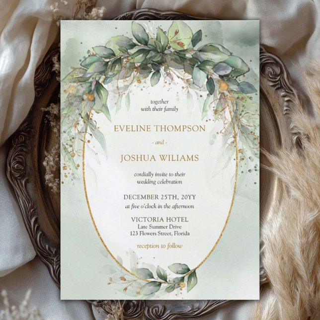 Trendig boho eucalyptus greenery guld bröllop inbjudningar (Modern watercolor eucalyptus wreath gold frame wedding invitation digital)