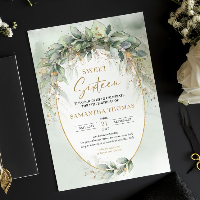 Trendig boho eucalyptus greenery guld sweet sixtee inbjudningar (watercolor greenery eucalyptus sweet sixteen invitation digital)