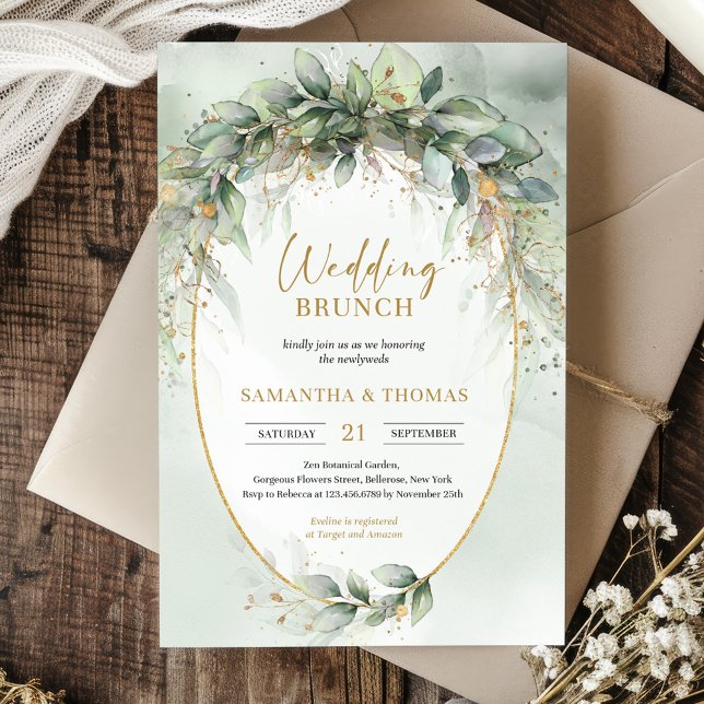 Trendig boho eucalyptus grönt guld bröllop brunch inbjudningar (Boho eucalyptus greenery foliage gold oval arch wedding invitation digital)