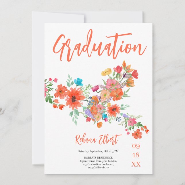 Trendig Boho-examensfotokort – Orange blommor Inbjudningar (Framsida)
