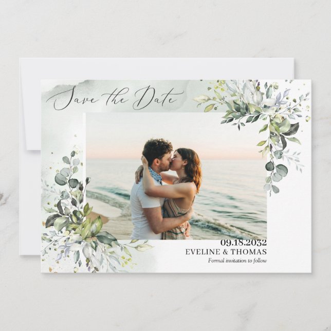 Trendig boho greenery foliage eucalyptus löv spara datumet (Framsida)