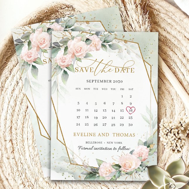Trendig boho  guld ram eukalyptus spara datumet (Trendy calligraphy script blush and gold save the date card)