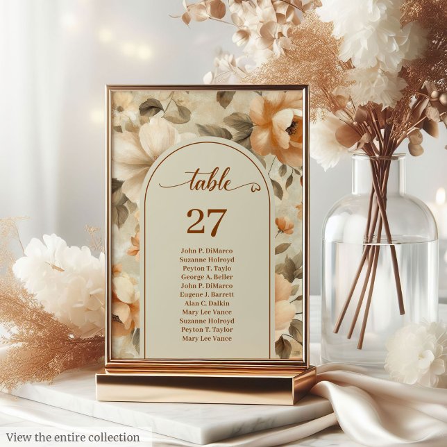 Trendig Boho Koppar Elfenben Oliv Blommig Bordnumm Bordsnummer (Trendy Boho Copper Ivory Olive Floral Table Number)